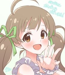 Rule 34 | 1girl, :d, ahoge, bare shoulders, blush, brown eyes, brown hair, close-up, commentary request, frilled shirt, frills, from side, goma konbu, green ribbon, hair ornament, hair ribbon, hair scrunchie, hakozaki serika, hand up, highres, idolmaster, idolmaster million live!, lone nape hair, long hair, looking at viewer, looking to the side, open mouth, raised eyebrows, ribbon, scrunchie, shirt, simple background, sleeveless, sleeveless shirt, smile, solo, swept bangs, thick eyelashes, translation request, turning head, twintails, waving, white background, white scrunchie, white shirt