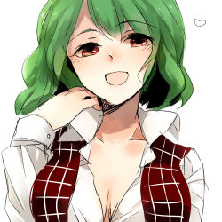 Rule 34 | 1girl, 74 (teduka), bad id, bad pixiv id, breasts, cleavage, female focus, green hair, hair flip, kazami yuuka, large breasts, looking at viewer, open clothes, open mouth, open shirt, red eyes, shirt, short hair, sketch, smile, solo, touhou, upper body