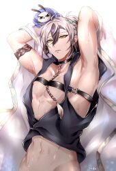 Rule 34 | 1boy, 2boys, animal, arm strap, arms up, bird, black hair, breasts, chest strap, choker, clothing cutout, collar, father (nu carnival), green eyes, grey hair, hair between eyes, highres, male focus, mole, mole on breast, mole under mouth, multicolored hair, multiple boys, navel, nipple slip, nipples, nu carnival, owl, parted lips, pectorals, raincoat, rei (nu carnival), see-through, see-through coat, see-through sleeves, short ponytail, side cutout, strap, teeth, wet, white background, yadome810