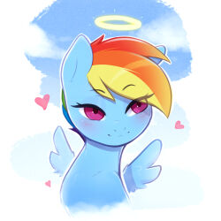 Rule 34 | blush, closed mouth, cropped torso, day, halo, heart, highres, looking at viewer, multicolored hair, my little pony, my little pony: friendship is magic, no humans, pink eyes, pudgeruffian, rainbow dash, rainbow hair, smile, wings