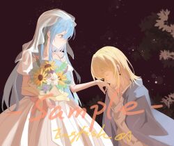 2girls absurdres bang_dream! bang_dream!_it&#039;s_mygo!!!!! black_background blonde_hair blue_hair bouquet cape closed_eyes closed_mouth collared_shirt commentary dress earrings flower grey_cape hashtag-only_commentary highres holding holding_bouquet jewelry kiss kissing_hand long_hair long_sleeves looking_at_another medium_hair misumi_uika multiple_girls purple_flower sample_watermark shirt sukiveibae sunflower togawa_sakiko watermark wedding_dress white_dress white_flower white_shirt yellow_eyes yellow_flower yuri