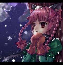 Rule 34 | 1girl, animal ears, bow, braid, breath, cat ears, cat girl, female focus, hair bow, highres, k-sk style, kaenbyou rin, mittens, night, red eyes, red hair, scarf, sky, snow, solo, star (sky), touhou, twin braids, upper body, winter