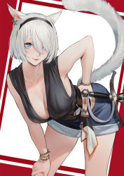 Rule 34 | 1girl, animal ears, bent over, blue eyes, breasts, cleavage, denim, denim shorts, duan henglong, final fantasy, final fantasy xiv, hair over one eye, hand on own hip, hand on own knee, hanging breasts, highres, large breasts, leaning forward, looking at viewer, miqo&#039;te, one eye covered, shorts, sword, tail, warrior of light (ff14), weapon, white hair