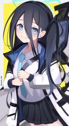 Rule 34 | 1girl, aris (blue archive), black hair, black hairband, black skirt, blue archive, blue eyes, blue necktie, blush, closed mouth, grey background, hair between eyes, hairband, halo, highres, jacket, long hair, long hair between eyes, long sleeves, looking at viewer, necktie, shirt, side ponytail, skirt, smile, solo, two-tone background, white jacket, white shirt, yellow background, yun (kbdenz9)