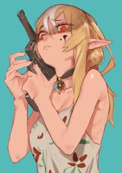 Rule 34 | 1girl, alternate costume, aqua background, armpit crease, bare shoulders, blonde hair, breasts, choker, cleavage, collarbone, commentary request, eyelashes, finger on trigger, floral print, grey shirt, gun, hair between eyes, handgun, hands up, highres, holding, holding gun, holding weapon, hololive, long hair, looking at viewer, medium breasts, multicolored hair, orange eyes, parted lips, pointy ears, shaded face, shadow, shiranui flare, shirt, sidelocks, simple background, sleeveless, sleeveless shirt, solo, streaked hair, upper body, uzuradobin, virtual youtuber, weapon, white hair