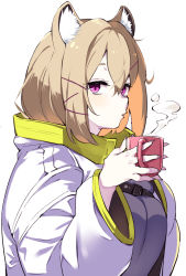 Rule 34 | 1girl, animal ear fluff, animal ears, arknights, blonde hair, blowing, breasts, cup, eyebrows hidden by hair, grey sweater, hair ornament, hairclip, holding, holding cup, jacket, large breasts, long sleeves, looking at viewer, open clothes, open jacket, parted lips, purple eyes, short hair, simple background, solo, steam, sweater, upper body, utage (arknights), white background, white jacket, youhei 64d
