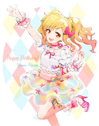 Rule 34 | 1girl, :d, aikatsu! (series), aikatsu stars!, ankle cuffs, bare legs, blonde hair, blouse, blush, bow, brown eyes, choker, commentary request, cowboy shot, food, food print, fruit, gradient hair, hair bow, happy birthday, high heels, highres, idol, jewelry, leg up, long hair, looking at viewer, midriff, multicolored hair, nail polish, navel, necklace, nijino yume, open mouth, pearl necklace, pink hair, popoin, puffy short sleeves, puffy sleeves, ribbon choker, shirt, short sleeves, skirt, smile, solo, strawberry, strawberry print, twintails, waving, white shirt, wrist cuffs