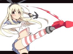 Rule 34 | 10s, 1girl, anchor, anchor hair ornament, blonde hair, blush, brown eyes, elbow gloves, gloves, hair ornament, hairband, kantai collection, kicking, long hair, personification, shimakaze (kancolle), smile, solo, striped clothes, striped thighhighs, tetsubuta, thighhighs, white gloves