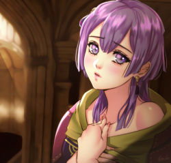 Rule 34 | 1girl, bare shoulders, bernadetta von varley, blush, collarbone, earrings, esther shen, fire emblem, fire emblem: three houses, hair between eyes, indoors, jewelry, long hair, looking at viewer, nintendo, parted lips, purple eyes, purple hair, shiny skin, signature, solo, upper body