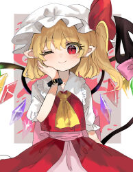 Rule 34 | 1girl, ;), blonde hair, blush, bracelet, crystal, flandre scarlet, hat, highres, jewelry, laevatein (touhou), looking at viewer, mob cap, one eye closed, one side up, pointy ears, ramochi, red eyes, simple background, skirt, smile, solo, touhou, vest, white hat, wings