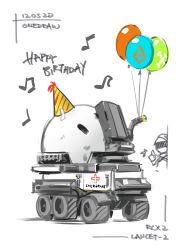 Rule 34 | 1other, arknights, balloon, character name, cross, dated, deel (rkeg), doctor (arknights), happy birthday, hat, highres, lancet-2 (arknights), musical note, one-hour drawing challenge, party hat, red cross, robot, solo focus, thumbs up, wheel, white background