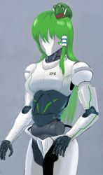 Rule 34 | 1girl, android, animal print, commentary request, cookie (touhou), cowboy shot, creature, creature on head, faceless, faceless female, frog print, green hair, grey background, hair tubes, highres, humanoid robot, kochiya sanae, long hair, orzer, robot, simple background, socha (cookie), solo, touhou