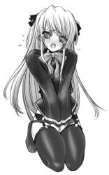 Rule 34 | 1girl, blush, greyscale, highres, long hair, looking at viewer, monochrome, quiz magic academy, senomoto hisashi, shalon, simple background, solo, thighhighs, very long hair, white background