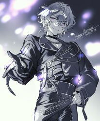 Rule 34 | 1boy, belt buckle, black gloves, buckle, buttons, choker, circus66, closed mouth, commentary, conquest (ensemble stars!), cowboy shot, dated, ensemble stars!, fingernails, gloves, hand on own hip, happy birthday, jewelry, long sleeves, looking at viewer, male focus, necklace, official alternate costume, outstretched hand, purple eyes, short hair, single glove, solo, tomoe hiyori