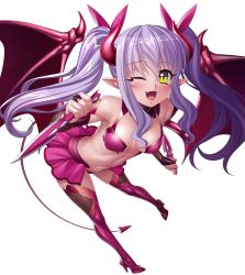 Rule 34 | 00s, 1girl, bare legs, bare shoulders, bat wings, bikini, boots, breasts, bridal gauntlets, demon girl, fangs, female focus, full body, happy, highres, kagami hirotaka, lilim (taimanin asagi battle arena), lilith-soft, long hair, looking at viewer, open mouth, pointy ears, skirt, smile, solo, demon girl, swimsuit, tail, taimanin (series), taimanin asagi, taimanin asagi kessen arena, twintails, underwear, weapon, wings, wink