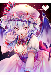 Rule 34 | 1girl, :d, absurdres, back bow, bat wings, bow, bowtie, breasts, center frills, claw pose, dress, fangs, frills, hair between eyes, hand up, hat, hat bow, heart, here (hr rz ggg), highres, leaning forward, letterboxed, looking at viewer, medium breasts, mob cap, multicolored bow, nail polish, open mouth, outside border, pink dress, pink eyes, pink hat, pink nails, puffy short sleeves, puffy sleeves, purple hair, red bow, red sash, remilia scarlet, sash, short hair, short sleeves, smile, solo, touhou, tsurime, v-shaped eyebrows, wavy hair, wings, wrist cuffs