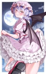 Rule 34 | 1girl, bat wings, closed mouth, commentary request, commission, frilled skirt, frills, full moon, hat, hat ribbon, highres, looking at viewer, mahoro (minase mahoro), mob cap, moon, night, outdoors, petticoat, pink hat, pink shirt, pink skirt, purple hair, red eyes, red footwear, red ribbon, remilia scarlet, ribbon, shirt, short sleeves, skeb commission, skirt, smile, socks, solo, star (sky), touhou, white socks, wings