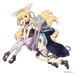 Rule 34 | 2girls, :d, animal ear fluff, animal ears, arknights, bare shoulders, between legs, black footwear, black gloves, black jacket, blonde hair, blue hairband, blush, boots, braid, braided hair rings, brown eyes, cat ears, cat girl, cat tail, commentary request, dress, eye contact, fingerless gloves, fox ears, fox girl, fox tail, frilled skirt, frills, gloves, grey hair, grey legwear, hair between eyes, hair rings, hairband, hand between legs, highres, hood, hood down, hooded jacket, jacket, jacket on shoulders, kirishima naruse, looking at another, material growth, multiple girls, open mouth, oripathy lesion (arknights), pantyhose, pleated skirt, purple skirt, rosmontis (arknights), shirt, simple background, skirt, smile, suzuran (arknights), tail, twin braids, twitter username, white background, white dress, white shirt