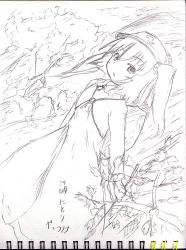 Rule 34 | 1girl, dress, female focus, greyscale, hat, kawashiro nitori, monochrome, nature, outdoors, plant, sketch, solo, spot color, tetsuji, touhou, traditional media, twintails, two side up