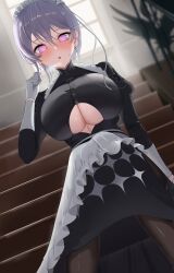 Rule 34 | 1girl, absurdres, apron, azur lane, bellona (armed to clean) (azur lane), bellona (azur lane), blush, breasts, chest belt, cleavage, clothing cutout, commission, cowboy shot, gloves, hand up, heart, heart-shaped pupils, highres, juliet sleeves, large breasts, long sleeves, maid, maid apron, maid headdress, official alternate costume, pink eyes, pink hair, pixiv commission, puffy sleeves, rk (cc15915r), short hair, sitting, stairs, symbol-shaped pupils, underboob, underboob cutout, white gloves