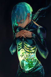 Rule 34 | 1girl, artist name, black background, black bodysuit, blue flower, blue hair, bodysuit, cable, closed eyes, closed mouth, commentary, english commentary, flower, hands up, highres, interlocked fingers, long sleeves, original, own hands together, ribs, sleeves past wrists, solo, spine, transparent, water, yuumei