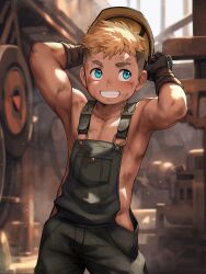 Rule 34 | 1boy, absurdres, ai-assisted, arms behind head, blonde hair, blue eyes, blurry, blurry background, chinese commentary, commentary, commentary request, cowboy shot, dark skin, facing viewer, fairwind, gloves, hard hat, helmet, highres, looking to the side, male focus, original, overalls, smile, solo, teeth, toned, toned male
