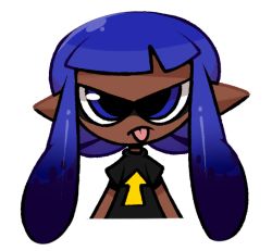 Rule 34 | 1girl, arrow (symbol), black shirt, blue eyes, blue hair, blunt bangs, cropped torso, dark-skinned female, dark skin, female focus, flat chest, inkling, inkling girl, inkling player character, long hair, looking at viewer, nintendo, pointy ears, shirt, short sleeves, simple background, solo, splatoon (series), straight-on, tentacle hair, tentacles, tongue, tongue out, twintails, upper body, vilepluff, white background