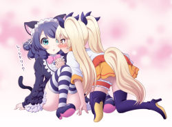 Rule 34 | 10s, 2girls, all fours, animal ears, blonde hair, blue thighhighs, blush, boots, bridal garter, brown eyes, cat ears, cat tail, curly hair, cyan (show by rock!!), dog tail, glasses, green eyes, headdress, long hair, multiple girls, osaji0909, retoree (show by rock!!), short hair, show by rock!!, sitting, striped clothes, striped legwear, striped thighhighs, tail, thigh boots, thighhighs, translation request, twintails, yuri