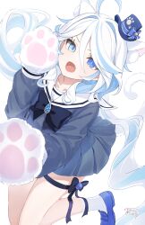 Rule 34 | 1girl, absurdres, ahoge, animal ears, animal hands, artist name, black skirt, blue eyes, blue hair, blue hat, cat ears, cat paws, fang, furina (genshin impact), genshin impact, hair between eyes, hat, heterochromia, highres, legs, light blue hair, long hair, looking at viewer, midorinokaibutu4500, mini hat, mini top hat, multicolored hair, neckerchief, open mouth, sidelocks, signature, simple background, skirt, solo, streaked hair, top hat, two-tone hair, white background