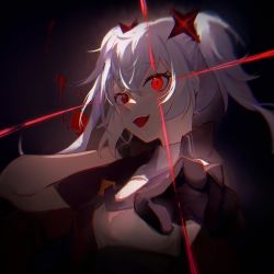 Rule 34 | 1girl, amari, blood, glowing, hair ornament, long hair, looking at viewer, open mouth, original, pointing, pointing at viewer, red eyes, silver hair, solo, twintails, upper body