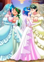 Rule 34 | 4girls, age difference, ballroom, bare shoulders, bbmbbf, black hair, blue dress, blue hair, blush, breast cutout, breastless clothes, breasts, breasts out, bridal veil, closed eyes, creatures (company), dancing, dark-skinned female, dark skin, dress, female focus, frilled dress, frills, full body, game freak, green dress, green hair, hands on another&#039;s waist, height difference, indoors, jewelry, kiss, lana&#039;s mother (pokemon), lana (pokemon), large breasts, long dress, long hair, long skirt, mallow&#039;s mother (pokemon), mallow (pokemon), mature female, medium breasts, mother and daughter, multiple girls, necklace, nintendo, nipples, older woman and younger girl, palcomix, pietro&#039;s secret club, pink dress, pixie cut, pokemon, pokemon (anime), pokemon sm (anime), ponytail, short hair, skirt, small breasts, standing, topless, twintails, veil, watermark, web address, wedding dress, wife and wife, yuri