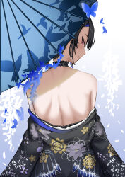 Rule 34 | 1girl, absurdres, back, bare shoulders, black hair, black kimono, blue hair, blush, choker, closed mouth, colored inner hair, floral print kimono, frilled choker, frills, from behind, highres, hololive, hololive english, japanese clothes, kimono, long hair, looking at viewer, looking back, multicolored hair, nerissa ravencroft, nerissa ravencroft (new year), official alternate costume, rebelium, red eyes, smile, solo, two-tone hair, virtual youtuber