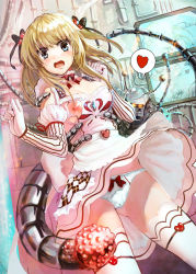 Rule 34 | 1girl, alber, apron, bad id, bad pixiv id, blonde hair, blue eyes, bow, bow panties, breasts, butterfly hair ornament, choker, dress, elbow gloves, gloves, hair ornament, heart, medium breasts, nipples, open mouth, panties, restrained, sex machine, solo, thighhighs, torn clothes, underwear, white panties, white thighhighs, wind, wind lift