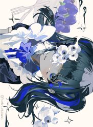Rule 34 | 1girl, apron, black eyes, black hair, black shirt, blue bow, blue bowtie, blue flower, blue hair, blunt bangs, blush, bow, bowtie, dot nose, eyeball, flower, fork, highres, knife, long hair, looking at viewer, maid, multicolored hair, one eye covered, original, plate, portrait, rectangular mouth, shirt, short twintails, sideways, simple background, solo, toasu, twintails, twitter username, two-tone hair, watermark, white apron, white background