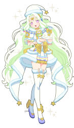 Rule 34 | 1girl, :d, bow, commentary request, dress, forehead jewel, full body, fur-trimmed dress, fur-trimmed thighhighs, fur trim, gift, green hair, hair rings, hat, holding, holding gift, jewlie (pripara), long hair, looking at viewer, open mouth, pretty series, pripara, puffy short sleeves, puffy sleeves, purple footwear, santa costume, santa hat, shoes, short sleeves, simple background, smile, solo, standing, thighhighs, very long hair, white background, white hat, white thighhighs, yellow bow, yu (prpyuu)