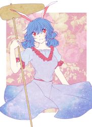 Rule 34 | 1girl, animal ears, belt, blue dress, blue hair, rabbit ears, dress, floral background, flower, frilled sleeves, frills, kine, mallet, parted lips, puffy short sleeves, puffy sleeves, red eyes, sariteru, seiran (touhou), short sleeves, solo, touhou, twintails