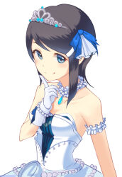 Rule 34 | 1girl, argon (argon18), arm scrunchie, bare shoulders, blue eyes, blue ribbon, bracelet, breasts, choker, cleavage, closed mouth, collarbone, dress, frilled choker, frills, gloves, hair ribbon, idolmaster, idolmaster cinderella girls, idolmaster cinderella girls starlight stage, idolmaster dearly stars, index finger raised, jewelry, medium breasts, mizutani eri, necklace, pearl bracelet, pearl necklace, ribbon, short hair, simple background, sleeveless, sleeveless dress, smile, solo, starry sky bright (idolmaster), tiara, upper body, white background, white choker, white dress, white gloves