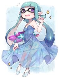 Rule 34 | 1girl, aqua hair, bare legs, bare shoulders, blue dress, blue hair, blush, breasts, carrying, carrying under arm, cleavage, dress, fingernails, flying sweatdrops, glass slipper, gradient hair, hand up, high heels, highres, inkling, inkling girl, inkling player character, long hair, looking at viewer, multicolored hair, nekometaru, nintendo, open mouth, pointy ears, purple eyes, see-through, skirt hold, small breasts, solo, sparkle, splatoon (series), splatoon 1, splattershot pro (splatoon), strapless, strapless dress, sweat, tentacle hair, very long hair, weapon