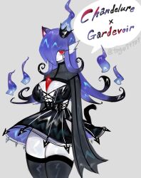 Rule 34 | animal ears, black hair, black tears, breasts, cat ears, cat girl, cat tail, chandelure, cleavage, creatures (company), cross-laced clothes, crown, dress, fire, game freak, gardevoir, gen 3 pokemon, gen 5 pokemon, highres, inner sideboob, large breasts, long hair, looking at viewer, multicolored hair, nintendo, pokemon, pokemon (creature), purple fire, purple hair, red eyes, side slit, tail, thick thighs, thighhighs, thighs, togetoge, zettai ryouiki