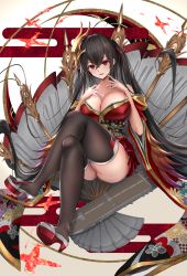 Rule 34 | 1girl, absurdres, azur lane, bare shoulders, black hair, blush, breasts, cleavage, crossed bangs, crossed legs, feather-trimmed sleeves, floating hair, glowing, hair between eyes, hair ribbon, highres, hikagen yoshio, japanese clothes, jewelry, kimono, large breasts, long hair, long sleeves, looking at viewer, mask, mask on head, off shoulder, open mouth, red eyes, red kimono, red ribbon, ribbon, ring, solo, striped ribbon, taihou (azur lane), thick thighs, thighhighs, thighs, twintails, very long hair, wedding band, wide sleeves