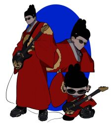Rule 34 | 1boy, arm up, black-framed eyewear, black choker, black eyes, black footwear, blue background, boots, choker, closed mouth, deformed, ear chain, ear piercing, earrings, electric guitar, guitar, hanbok, hand up, hands up, highres, holding, holding guitar, holding instrument, holding plectrum, ikseongwan, instrument, jewelry, korean clothes, korean commentary, long sleeves, looking at object, looking at viewer, looking to the side, male focus, multiple views, music, original, piercing, playing guitar, playing instrument, plectrum, sasi mozzi1, simple background, spiked boots, sunglasses, wide sleeves