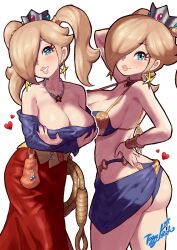 Rule 34 | 1girl, ass, bare shoulders, bikini, blonde hair, blue bikini, blush, breasts, cleavage, collarbone, cosplay, cowboy shot, crop top, crown, dragon quest, dragon quest viii, earrings, hair over one eye, heart, heart-shaped pupils, highres, jessica albert, jessica albert (cosplay), jewelry, large breasts, lips, long hair, long skirt, long sleeves, looking at viewer, mario (series), multiple views, necklace, nintendo, pink nails, red skirt, rosalina, sarong, simple background, skirt, smile, standing, star (symbol), star earrings, super mario galaxy, swimsuit, symbol-shaped pupils, toggy keiichi, twintails, whip, white background
