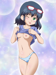 Rule 34 | 1girl, :p, ;p, blue hair, blush, breasts, clothes lift, eyewear on head, female focus, glasses, goggles, green eyes, highres, inazuma eleven, inazuma eleven (series), navel, nipples, no pants, one eye closed, otonashi haruna, panties, shirt lift, short hair, small breasts, smile, solo, striped clothes, striped panties, takappe, tongue, tongue out, underwear, wink