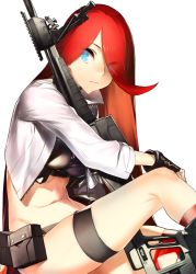 Rule 34 | 1girl, 3:, 92m, black gloves, blue eyes, bright pupils, closed mouth, crop top, cropped jacket, eyes visible through hair, fingerless gloves, girls&#039; frontline, gloves, gun, hand on own knee, long hair, looking away, midriff, navel, pouch, red hair, simple background, single thighhigh, sitting, solo, swept bangs, t-5000 (girls&#039; frontline), thigh strap, thighhighs, very long hair, weapon, white background, white pupils