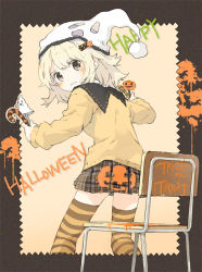 Rule 34 | 1girl, bad id, bad pixiv id, halloween, happy halloween, jack-o&#039;-lantern, looking back, paint, pumpkin, school uniform, solo, striped clothes, striped thighhighs, thighhighs, tiv, trick or treat