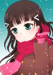 Rule 34 | 1girl, artist name, artist request, black hair, blunt bangs, brown jacket, buttons, close-up, female focus, floating hair, gloves, green eyes, hair ornament, hairclip, jacket, kurosawa dia, long hair, long sleeves, looking at viewer, love live!, love live! sunshine!!, mole, mole under mouth, pink scarf, red gloves, red scarf, scarf, solo, striped clothes, striped gloves, upper body