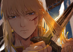 Rule 34 | 1boy, blonde hair, blood, blood drip, blood on face, blue eyes, canute, chinese text, closed mouth, collared jacket, cutting hair, high collar, holding, holding sword, holding weapon, injury, jacket, looking at viewer, male focus, portrait, signature, solo, sword, vinland saga, weapon, zilaihuoye