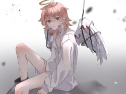 Rule 34 | 1boy, absurdres, angel, angel wings, bandaid, bandaid on face, black background, blood, blood on face, bloody wings, chain, collared shirt, feathered wings, grey background, halo, highres, long sleeves, male focus, miya (38magical), multicolored background, naked shirt, paradox live, pink hair, red eyes, rokuta (paradox live), shirt, short hair, sitting, solo, white background, white shirt, white wings, wings, wrist cuffs