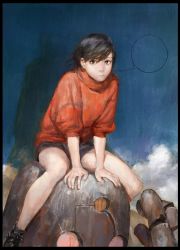 Rule 34 | 12v, 1girl, arm support, bare legs, black hair, boots, brown eyes, cloud, highres, looking at viewer, original, red sweater, robot, short hair, shorts, sitting, sitting on head, sitting on person, sky, speech bubble