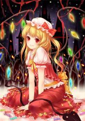 Rule 34 | 1girl, adapted costume, bat wings, blonde hair, bow, candy, castle, cha chazi, flandre scarlet, forest, glowing, glowing wings, hat, hat ribbon, laevatein, looking at viewer, nature, puffy sleeves, qingyuege, red eyes, ribbon, scarlet devil mansion, shirt, short hair, short sleeves, side ponytail, sitting, skirt, skirt set, smile, solo, touhou, vest, wariza, wings
